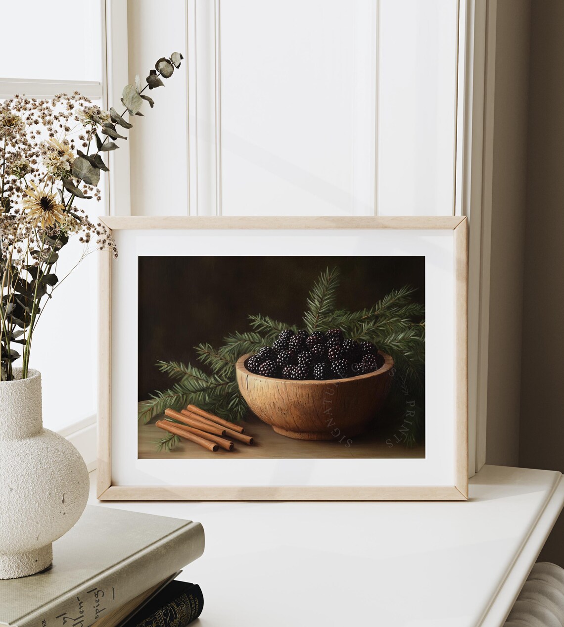 Wooden Bowl Of Blackberries With Pine And Cinnamon Still Life Poster - Image 6