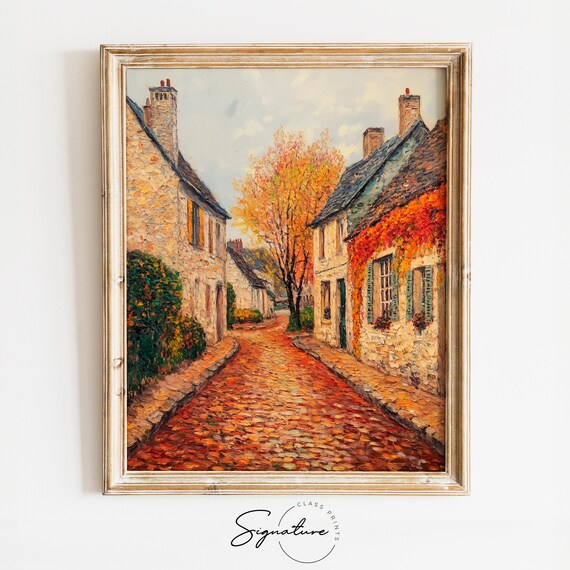 Charming Autumn Village Street Stone Houses Cobblestone Poster