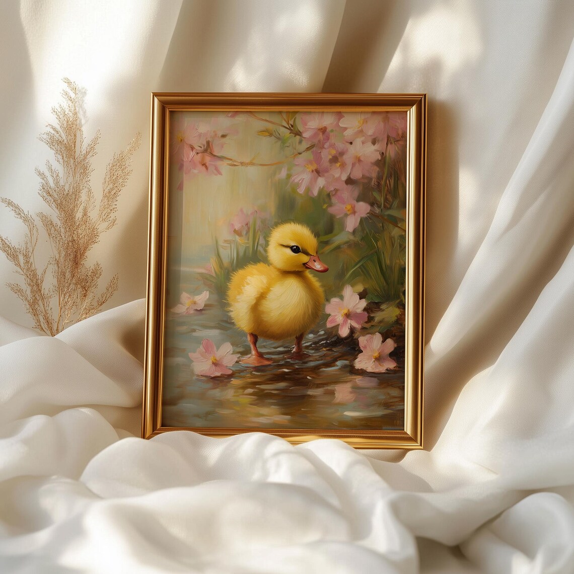 Baby Duckling in Water Pink Blossom Petals Spring Wildlife Art Print - Image 2