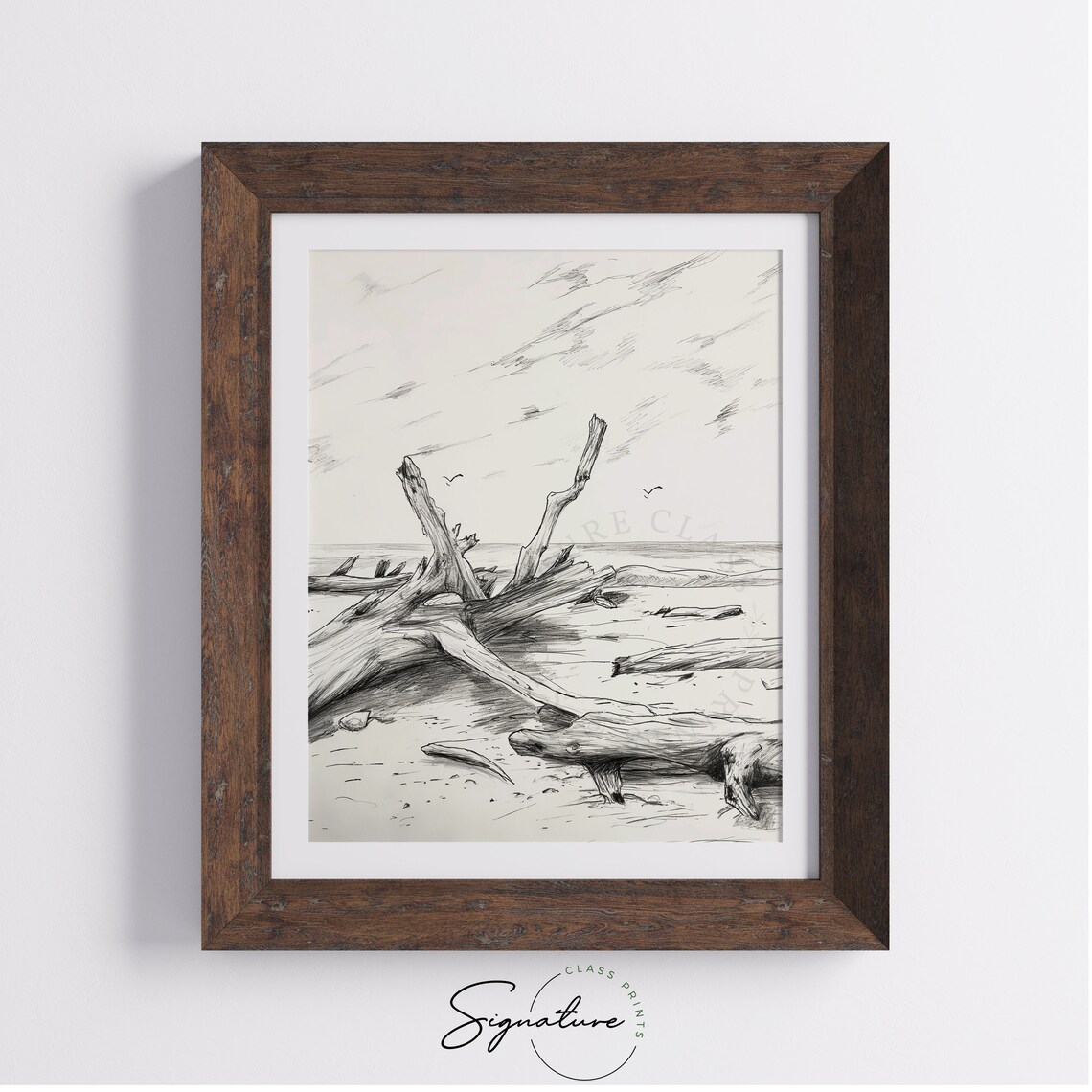 Driftwood On Windswept Beach Seabirds Monochrome Sketch Poster - Image 4