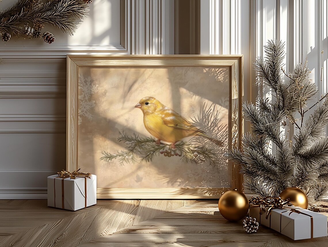 Yellow Canary on Juniper Branch Berries Vintage Winter Bird Poster - Image 6