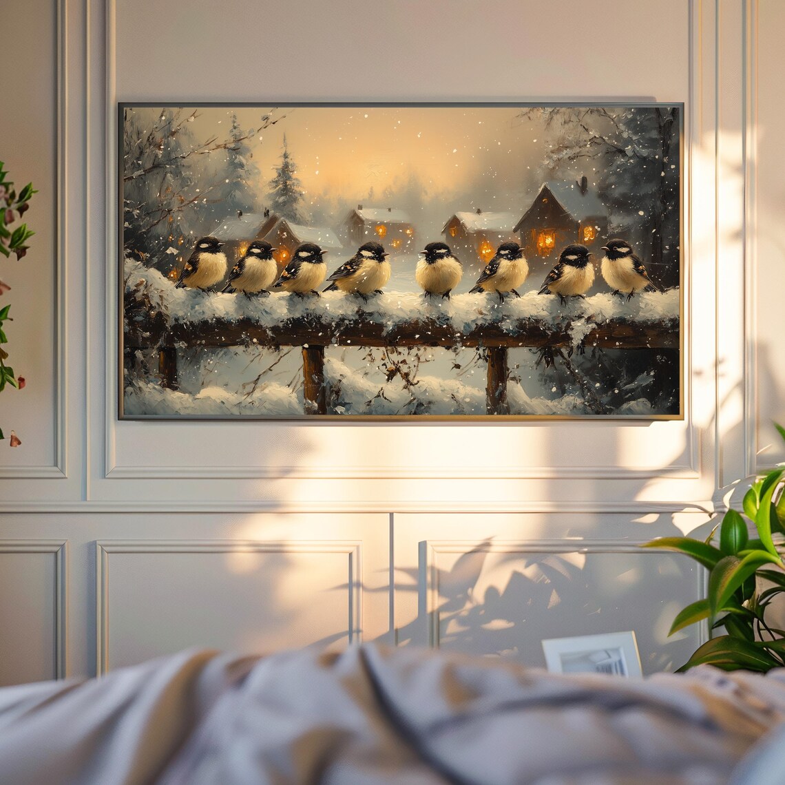 Cozy Winter Chickadees On Snowy Fence Village Holiday Art Print - Image 4