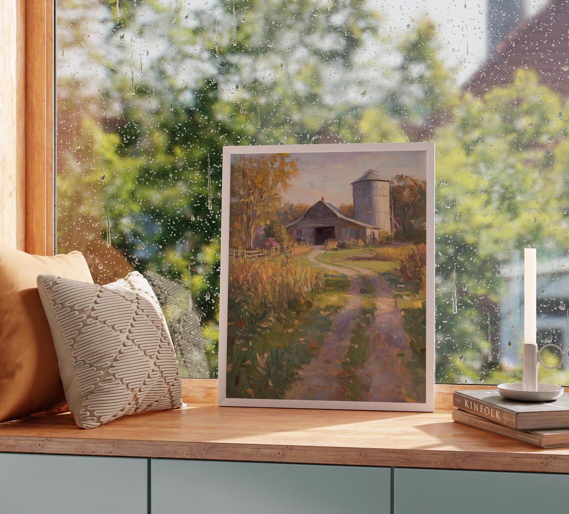 Rustic Barn Silo Autumn Field Country Road Harvest Scene Poster - Image 2