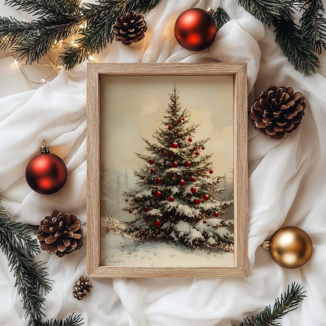 Snow Covered Fir Tree With Red Ornaments Winter Scene Poster - Image 4