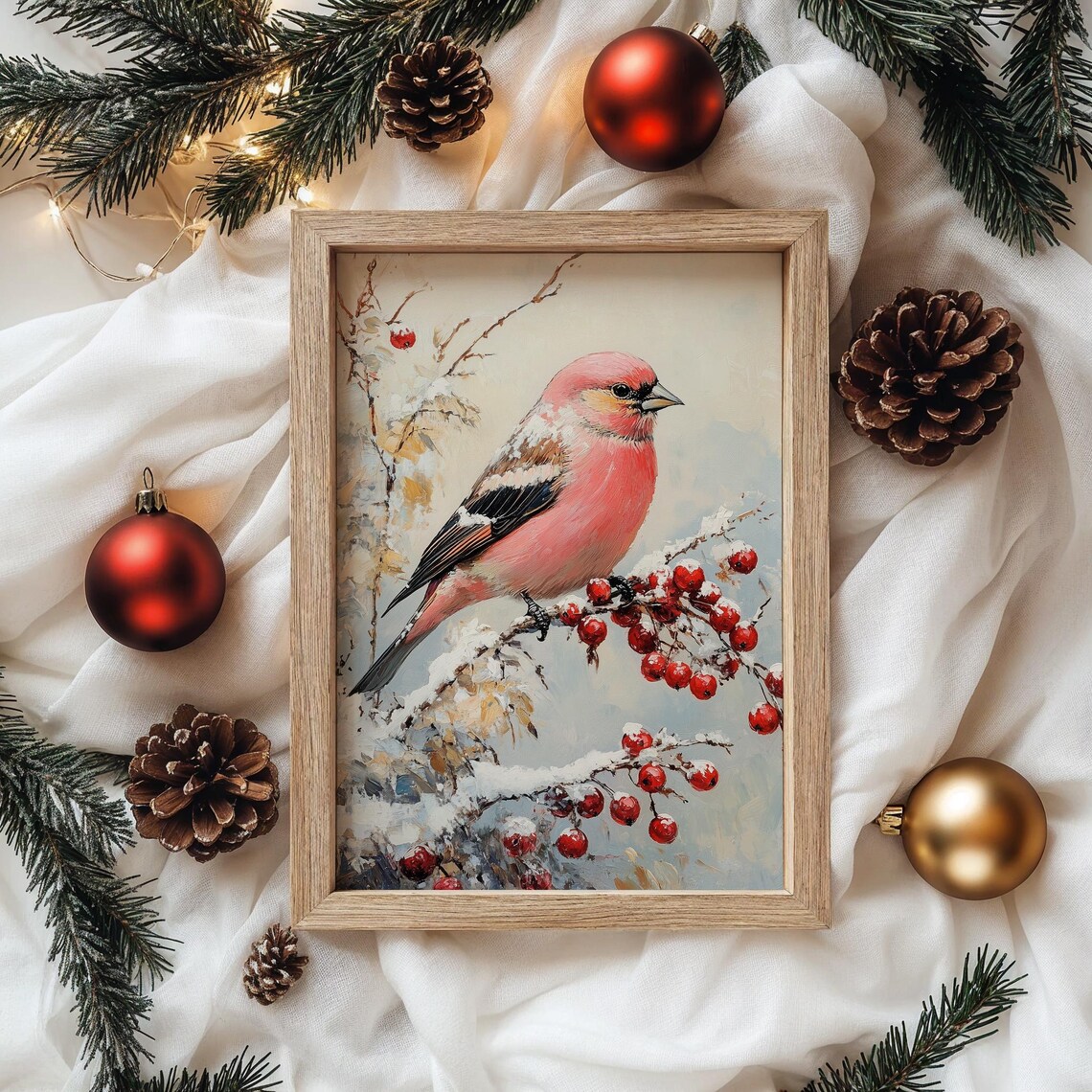 Pine Grosbeak On Snowy Berry Branch Rosy Winter Bird Art Poster - Image 4