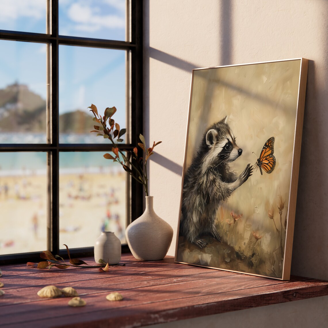 Baby Raccoon Reaching for Monarch Butterfly Cute Animal Poster - Image 5
