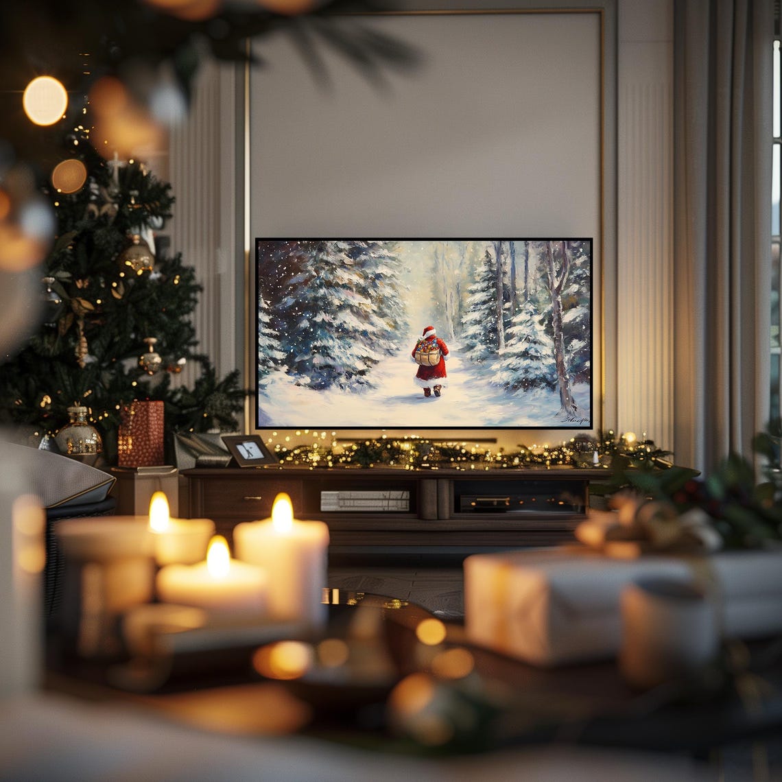 Santa Walking Through Snowy Forest With Gift Sack Winter Scene Poster - Image 6