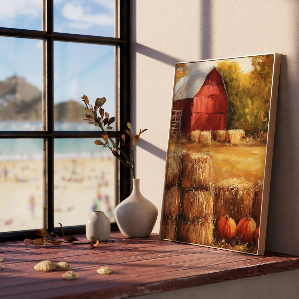 Red Barn Hay Bales Pumpkins Golden Autumn Field Farm Scene Poster - Image 5