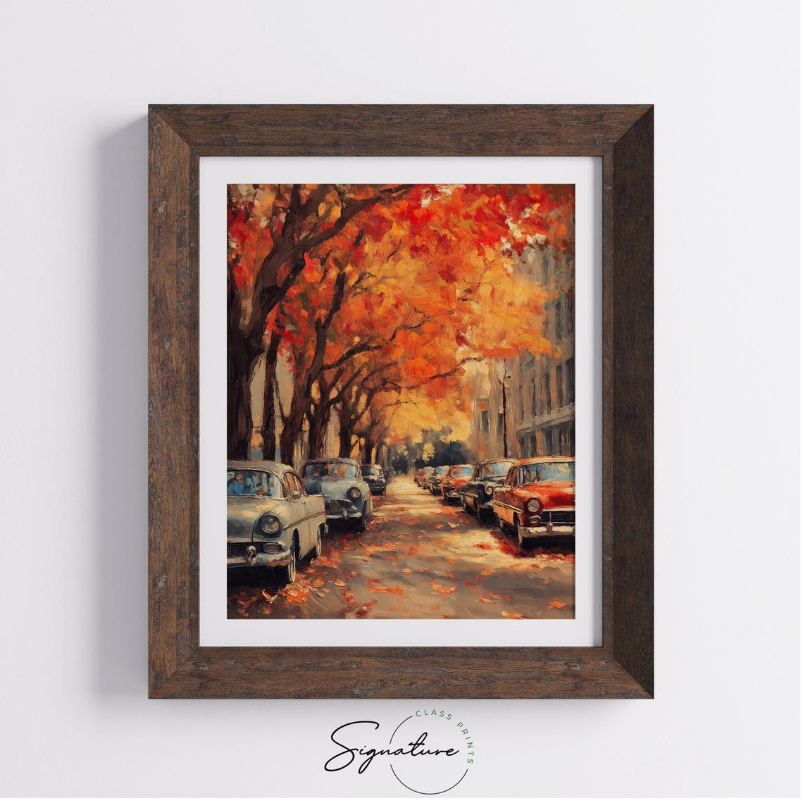 Vintage Classic Cars Lined Up on a Fall Street Under Red Maples Poster - Image 4