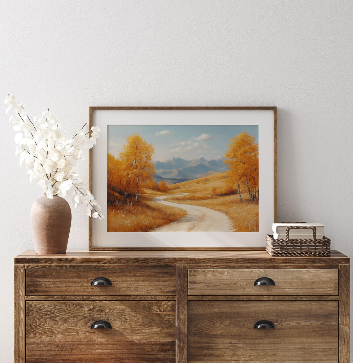 Winding Dirt Road Through Golden Autumn Hills to Mountains Poster - Image 3
