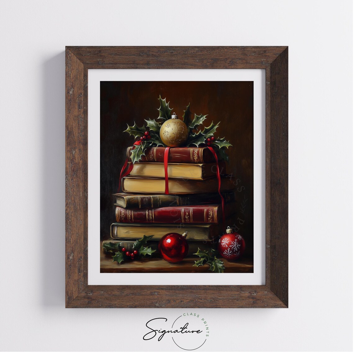Stack of Vintage Books with Holly and Ornaments Christmas Print - Image 3