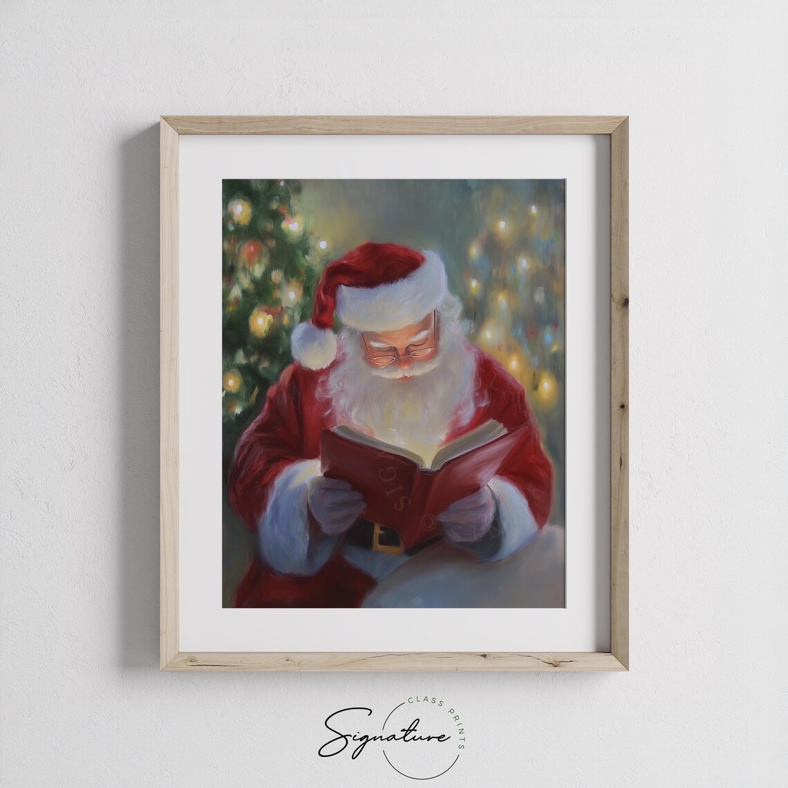Santa Claus Reading Book Christmas Lights Painting Holiday Poster - Image 4