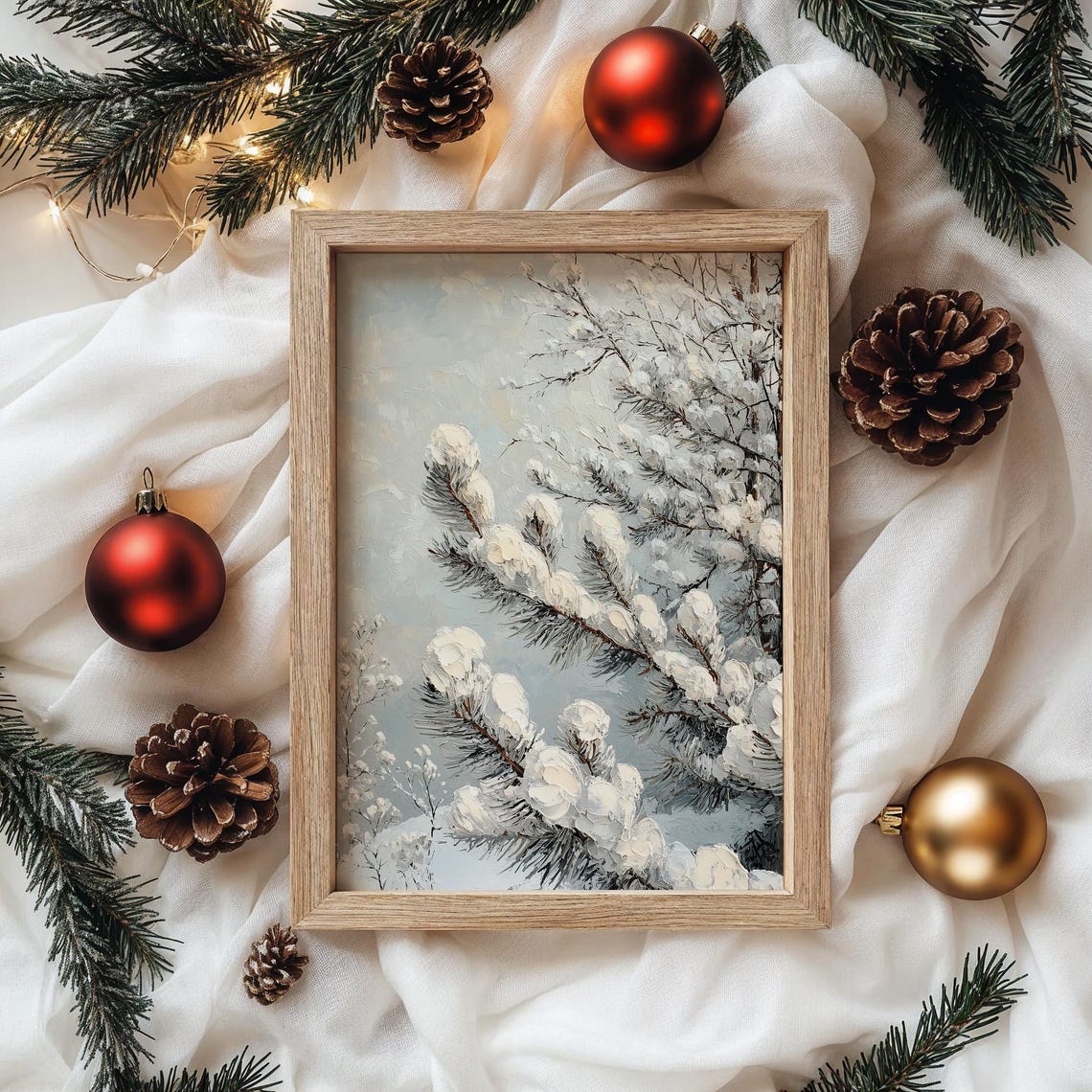 Snow Laden Pine Branches Close Up Textured Oil Painting Poster - Image 4