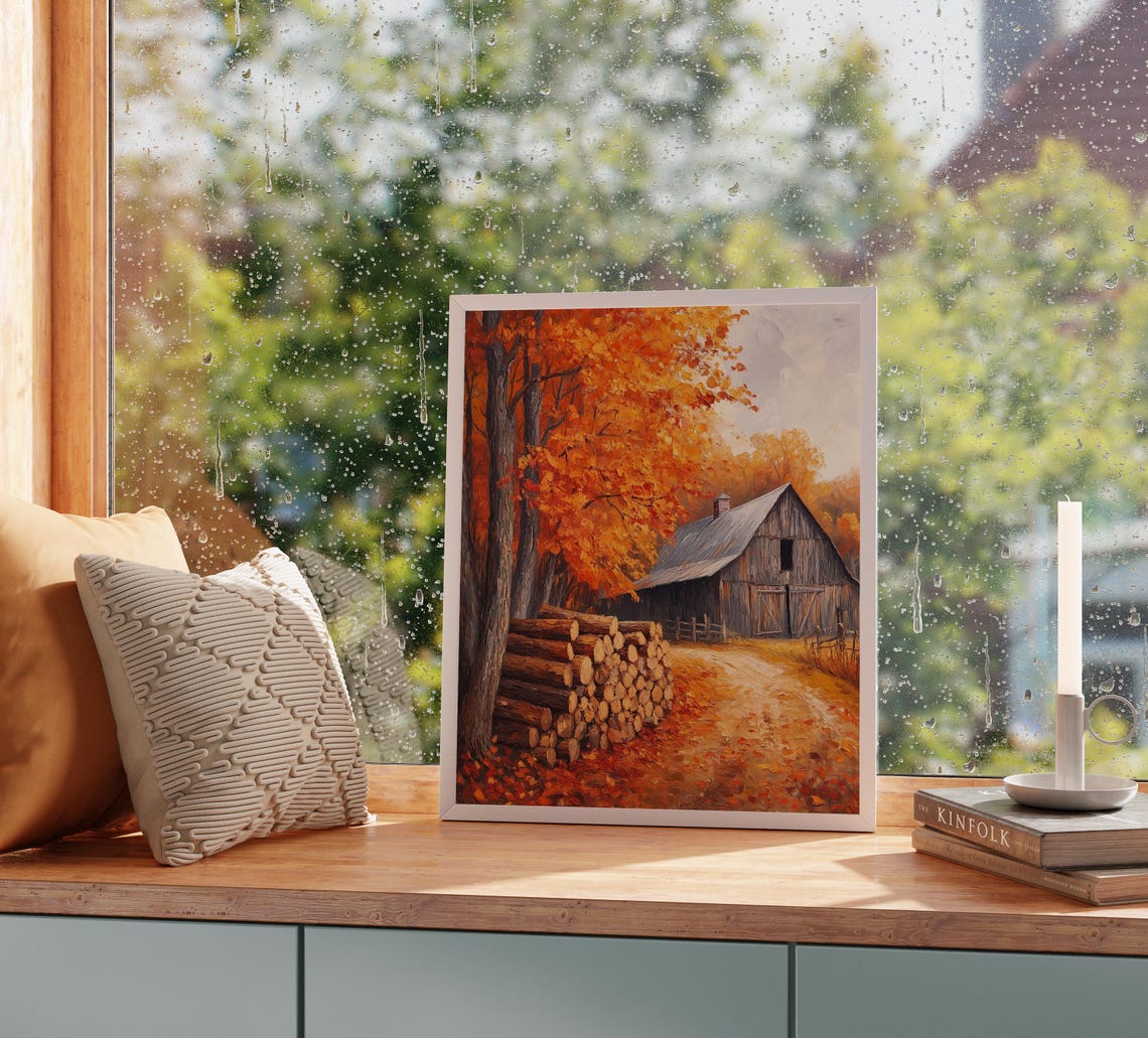 Cut Log Stack Weathered Barn Fiery Maple Autumn Painting Print - Image 2