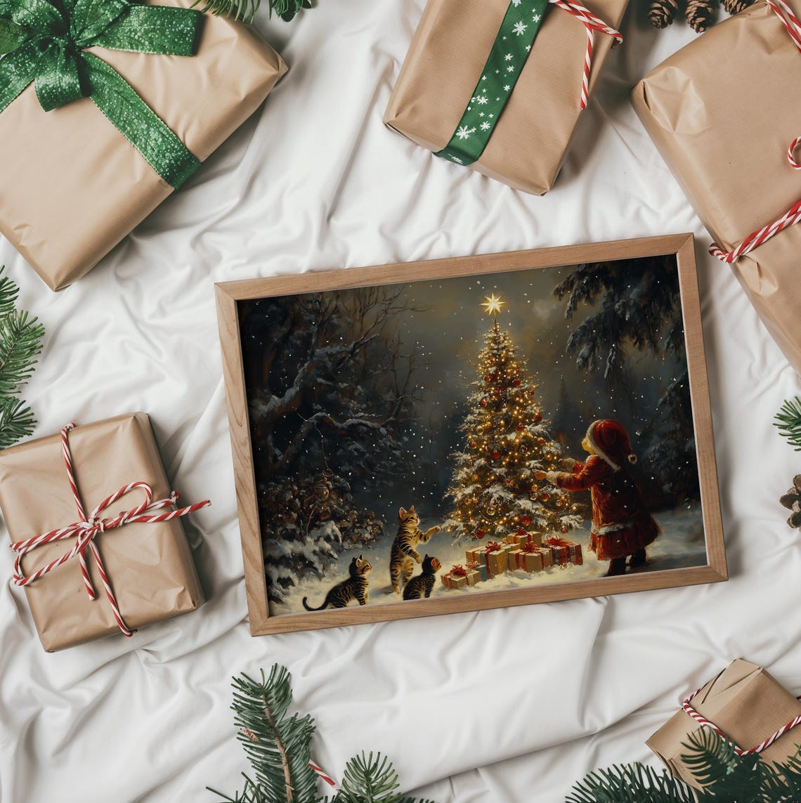 Child Decorating Outdoor Christmas Tree with Three Kittens Poster - Image 2