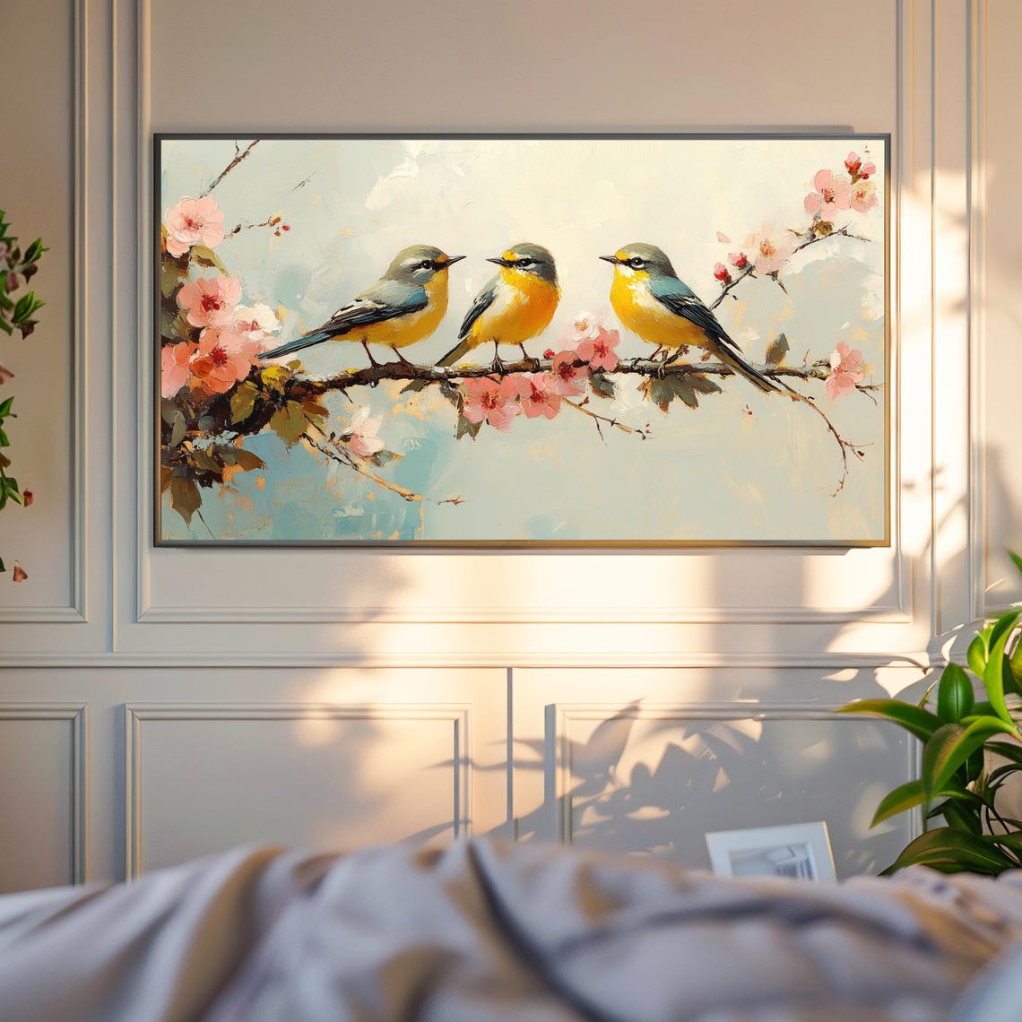 Three Golden Yellow Songbirds On Pink Cherry Blossom Branch Poster - Image 4