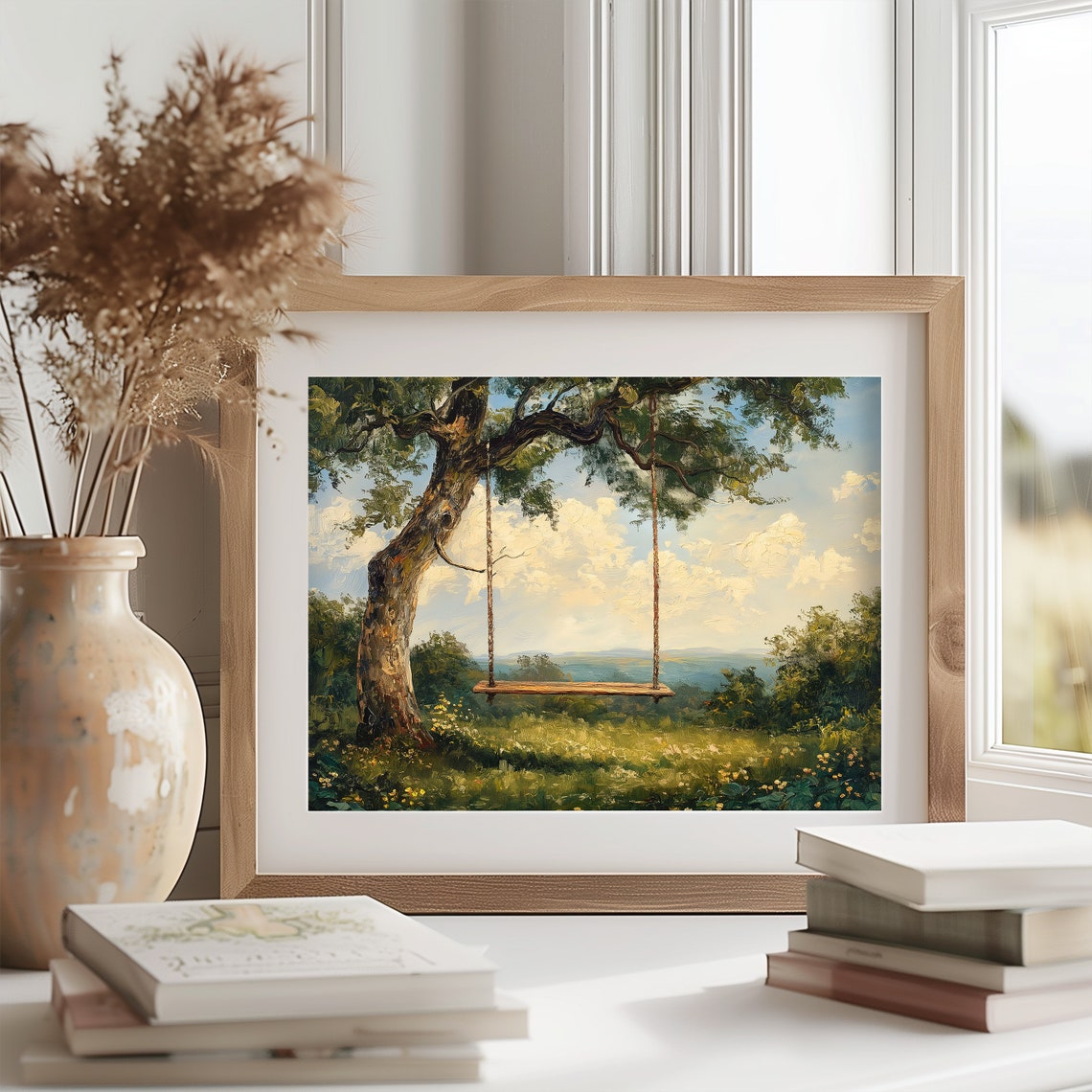 Nostalgic Rope Swing Hanging Tree Sunny Valley Meadow Vintage Poster - Image 2