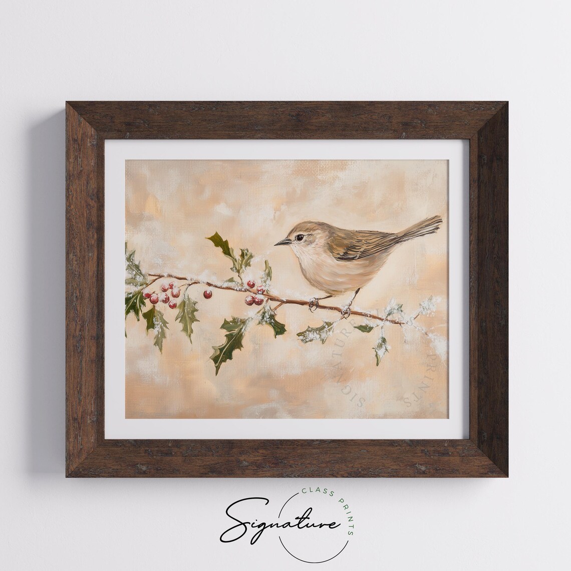 Warbler on Frosty Holly Branch Red Berries Winter Bird Poster - Image 4