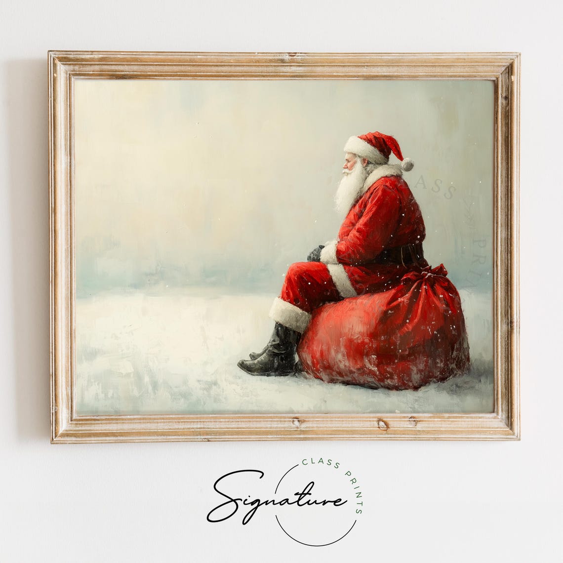 Santa Claus Resting on Red Gift Sack in Snow Winter Holiday Poster