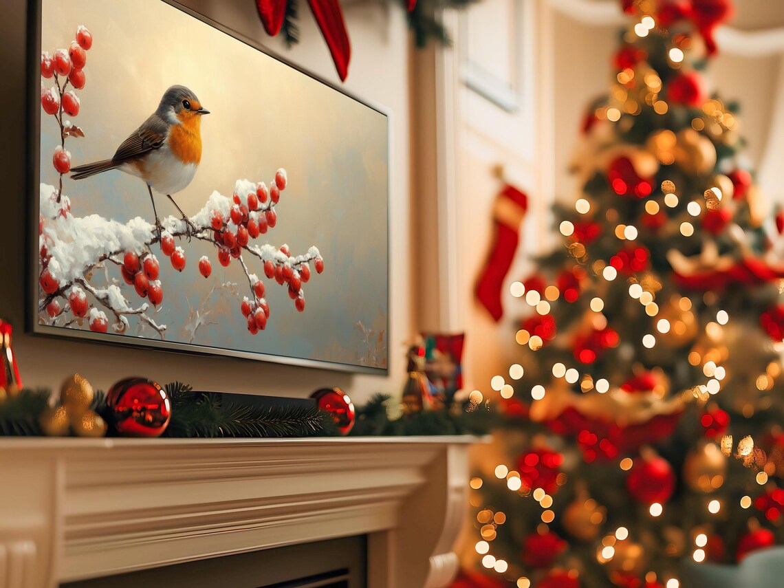 Robin on Snowy Red Berry Branch Close Up Winter Holiday Bird Poster - Image 5