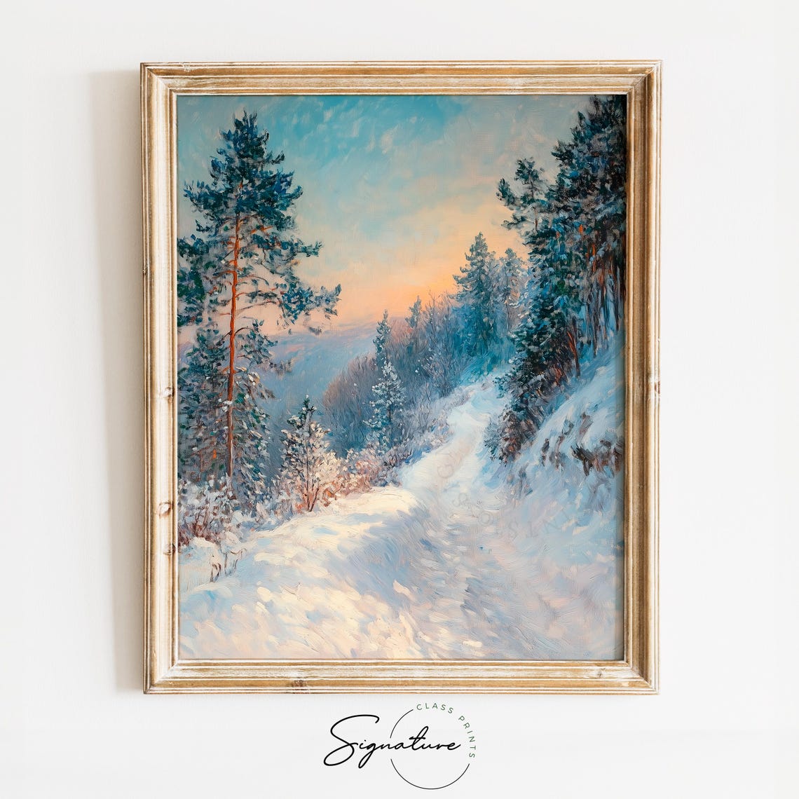 Snowy Forest Path at Sunset Under Blue and Peach Sky View Poster
