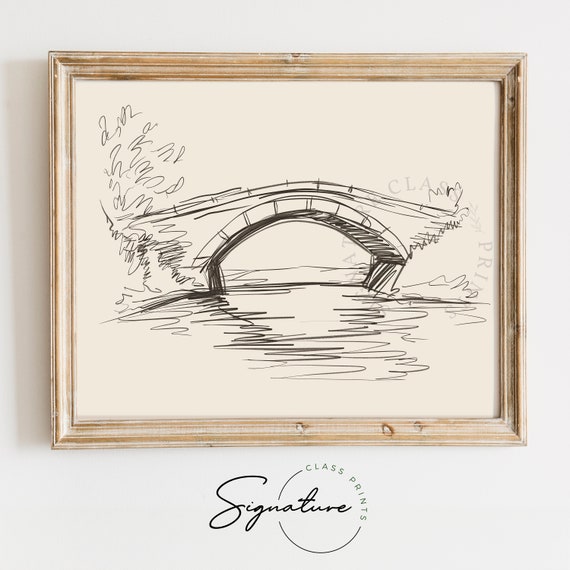 Stone Bridge Over Calm River Sketch Charming Rural Scene Tranquil River View Rustic Bridge Illustration Nature Decor 920