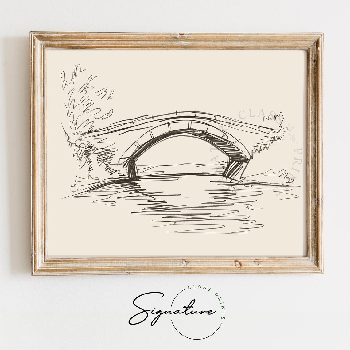 Stone Bridge Over Calm River Quick Ink Sketch Rural Poster Art