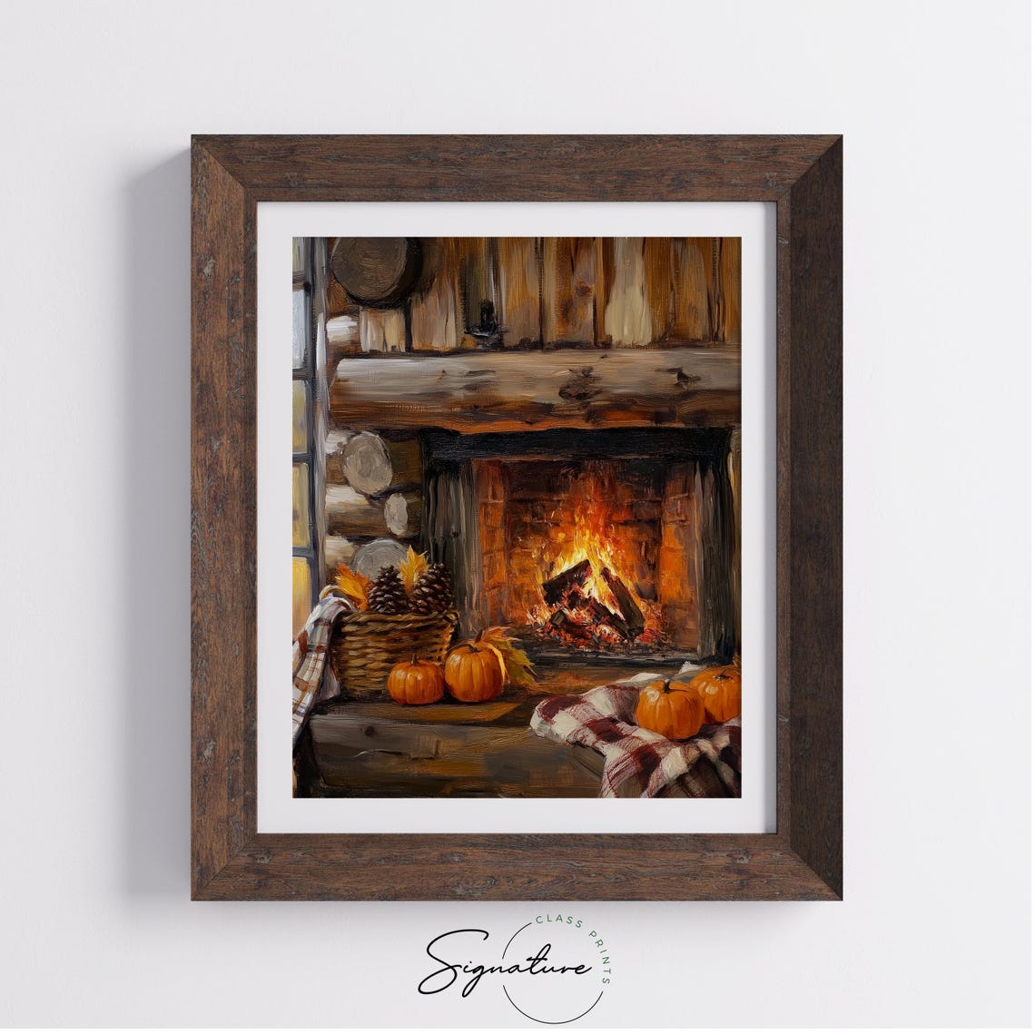 Cozy Log Cabin Fireplace with Pumpkins and a Pinecone Basket Poster - Image 4