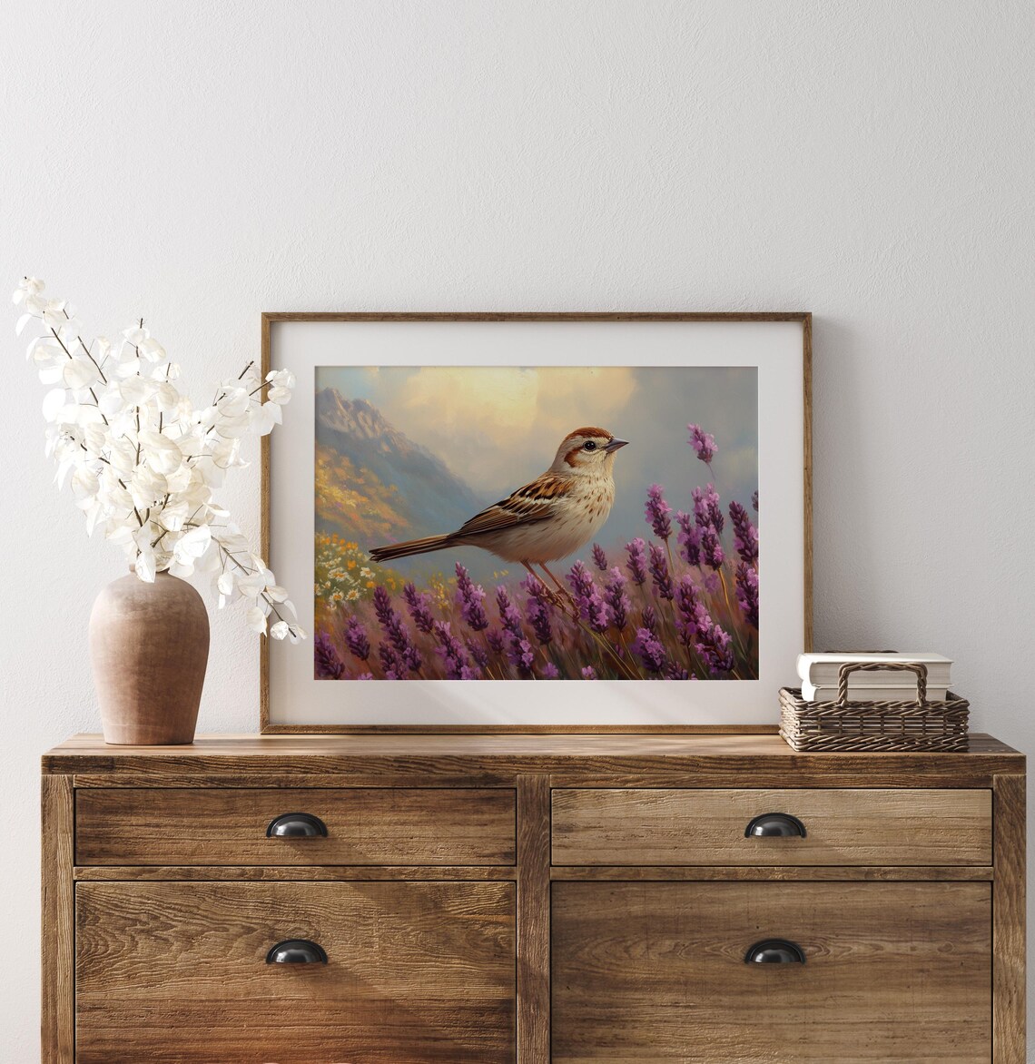 Sparrow Among Lavender Blooms Purple Flowers Mountain Meadow Summer Poster - Image 2