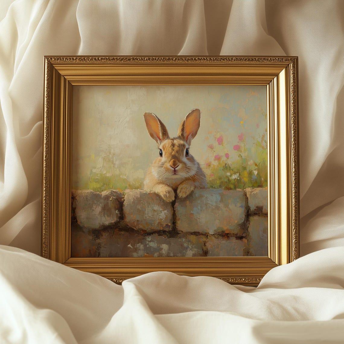 Curious Bunny Peeking Over Stone Garden Wall Spring Animal Art Print - Image 5