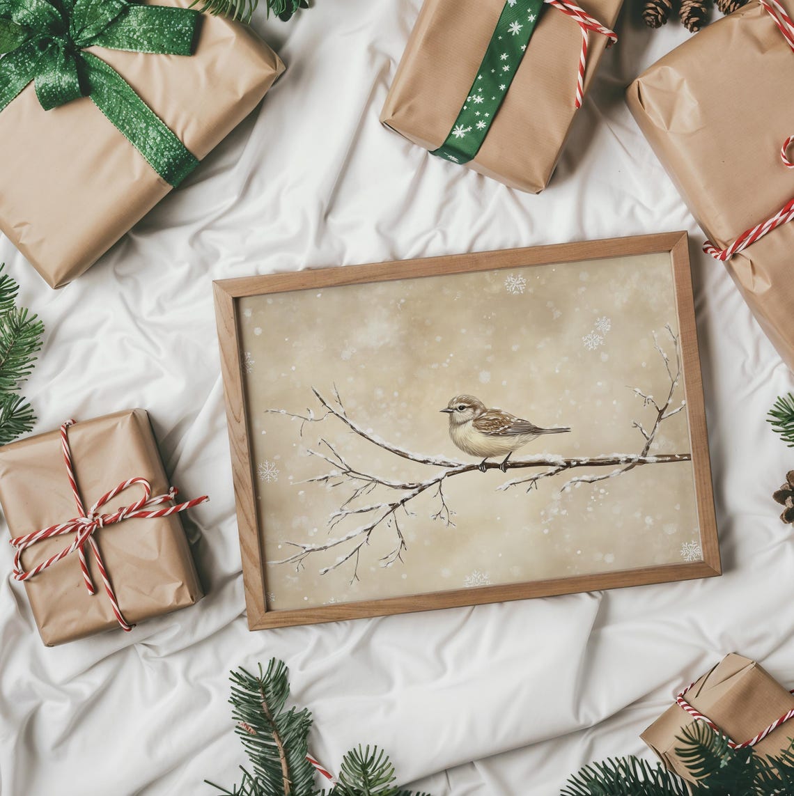 Songbird on Snowy Branch Falling Snowflakes Winter Bird Poster - Image 2