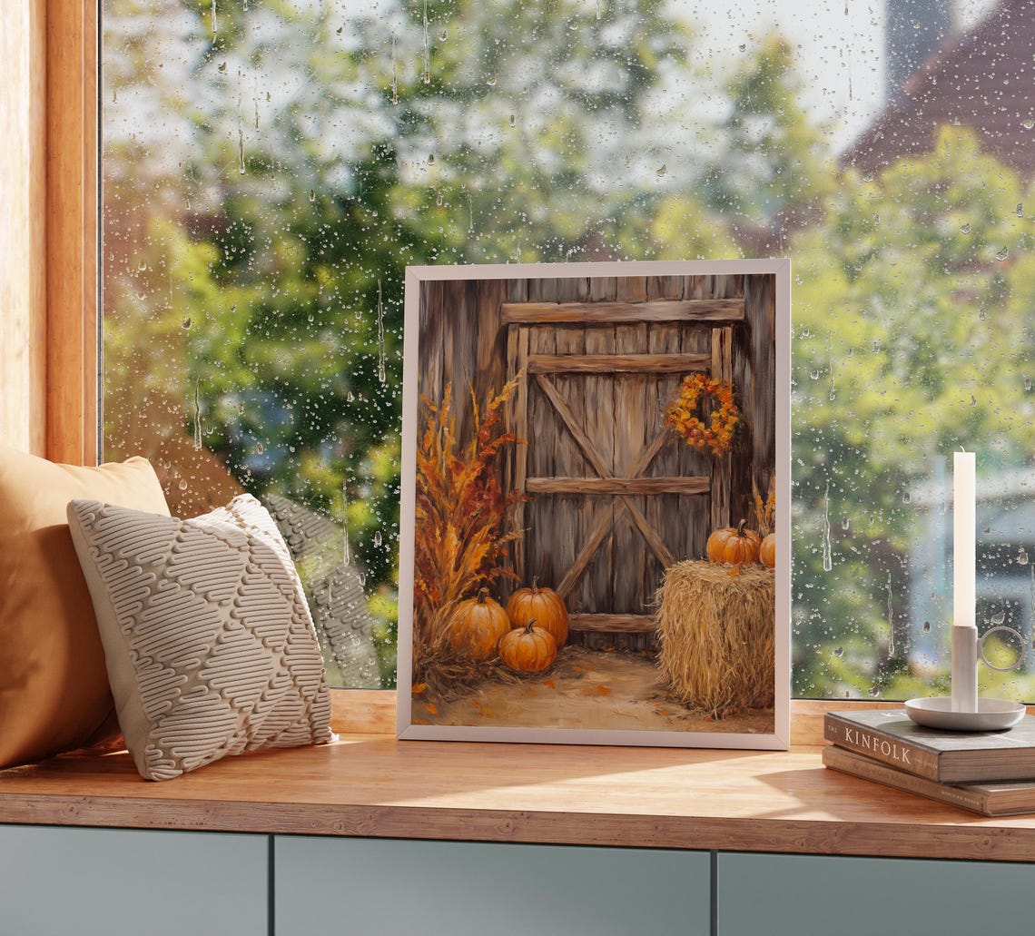 Rustic Barn Door With Pumpkins Hay Bales And Wreath Fall Poster - Image 2