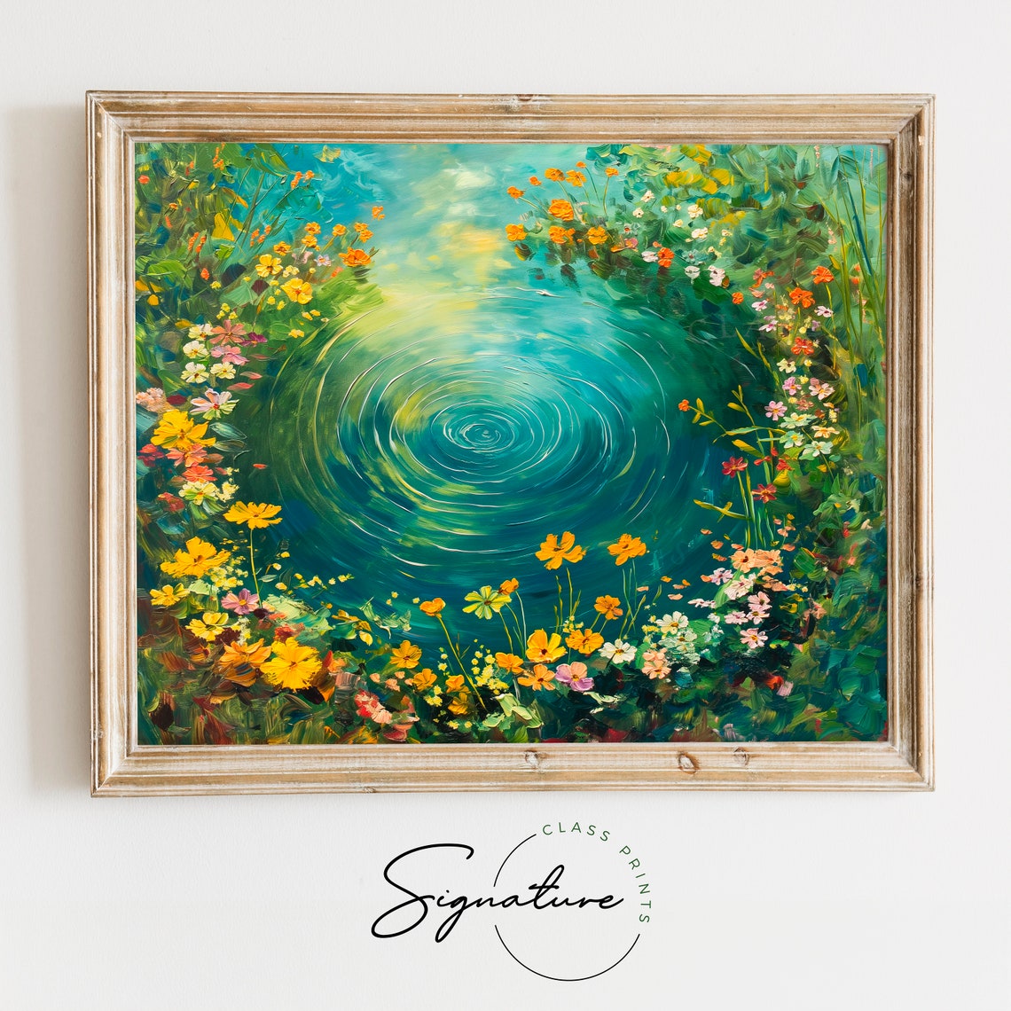 Emerald Swirl Pond With Golden Wildflowers Overhead View Poster