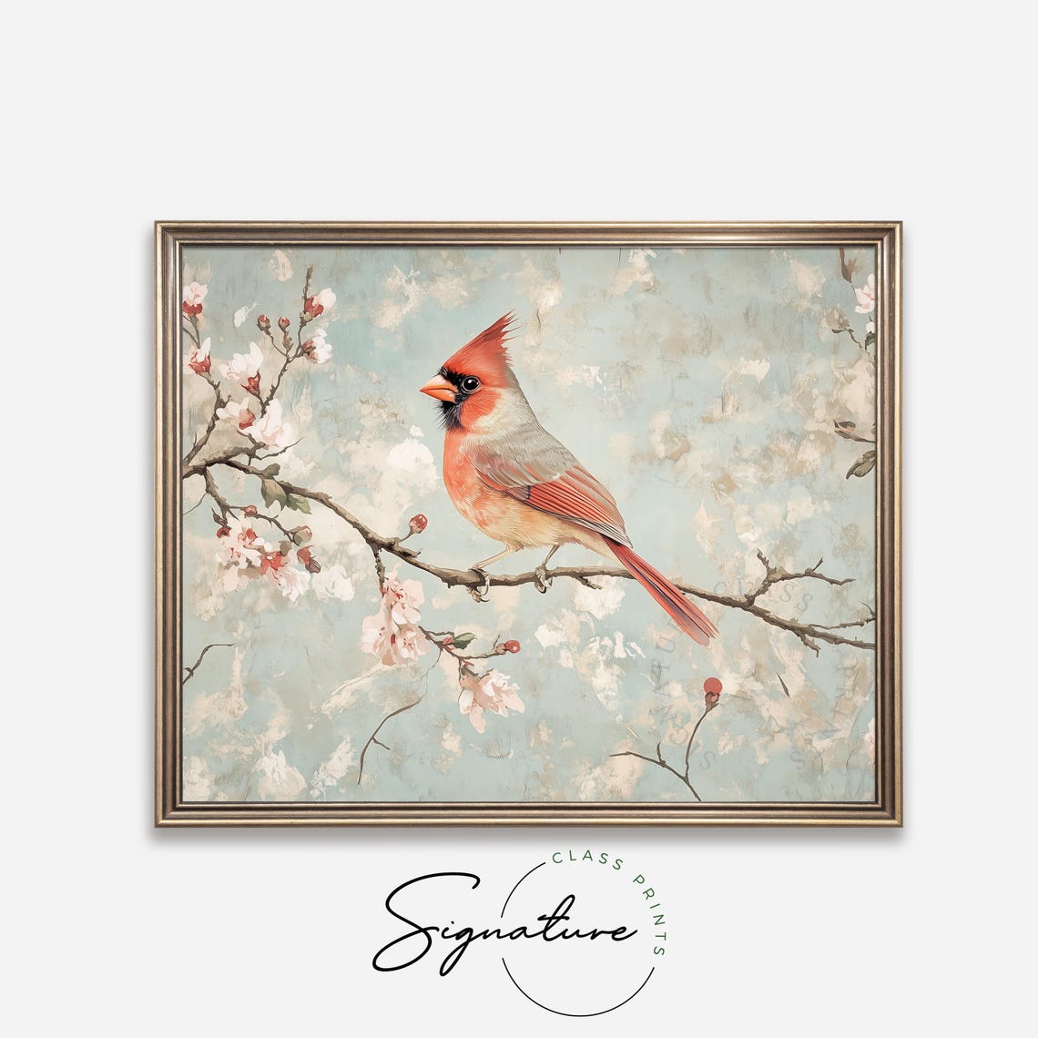 Bright Cardinal On Frosted Blossom Branch Vintage Bird Painting Poster - Image 4