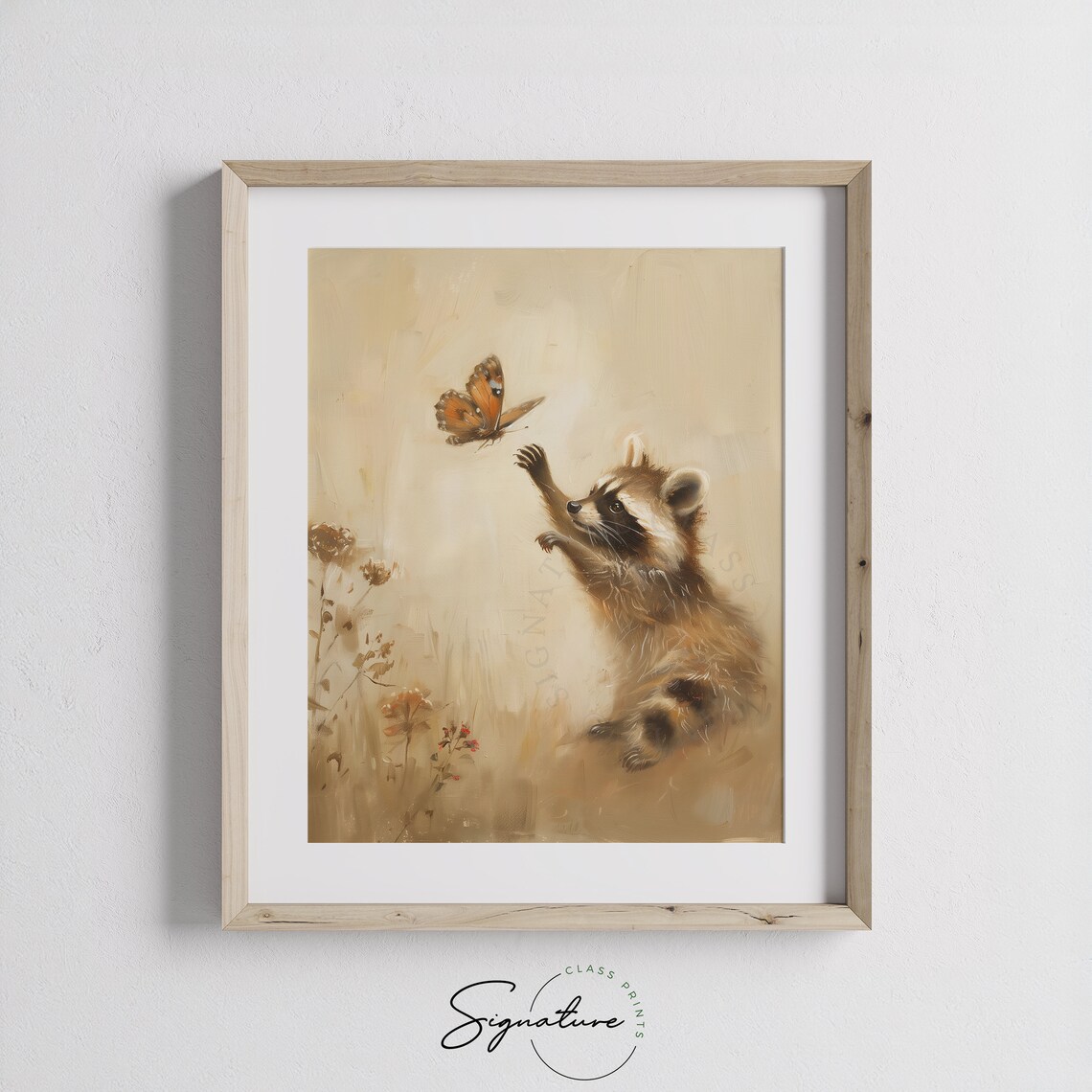 Playful Baby Raccoon Reaching for Butterfly in Meadow Poster - Image 3
