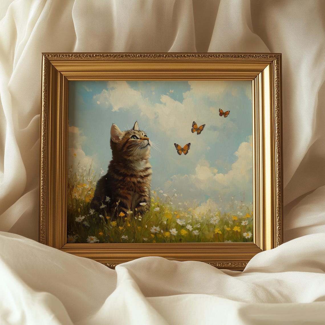 Tabby Kitten Watching Butterflies Flower Meadow Spring Poster - Image 3