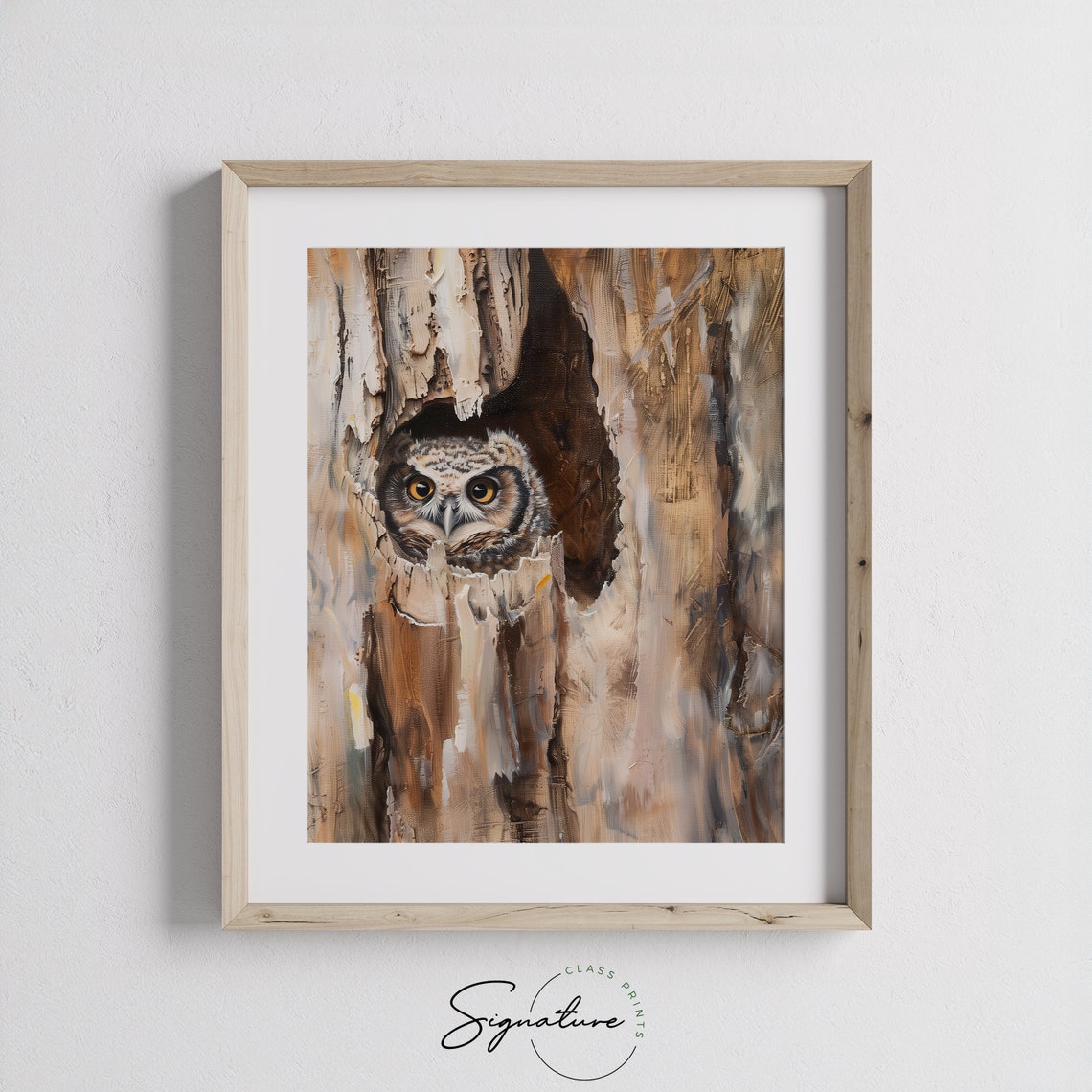 Curious Owl Peeking From Tree Hollow Woodland Bird Painting Poster - Image 3