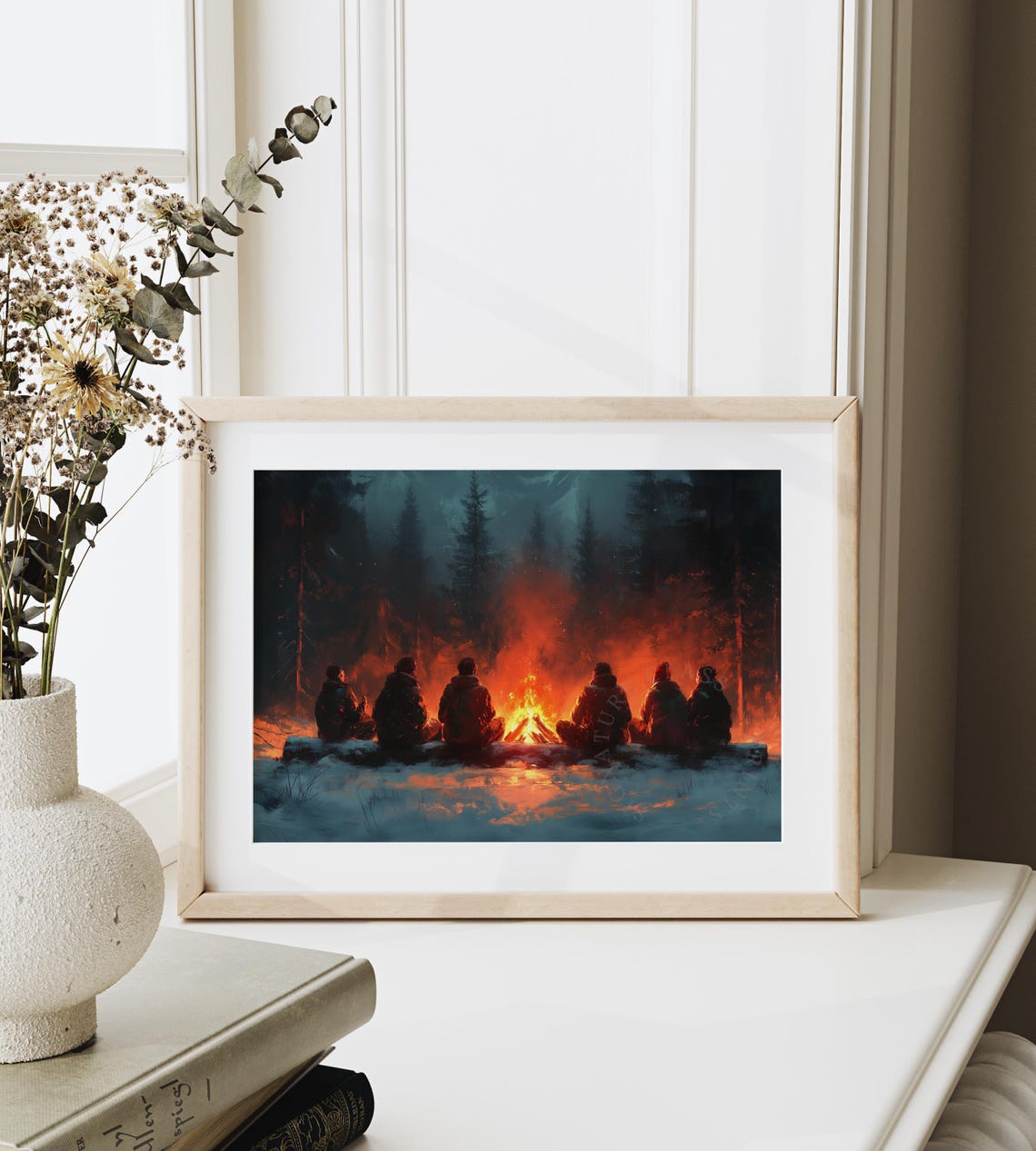 Friends Around Campfire At Night In Snowy Pine Forest Poster - Image 6