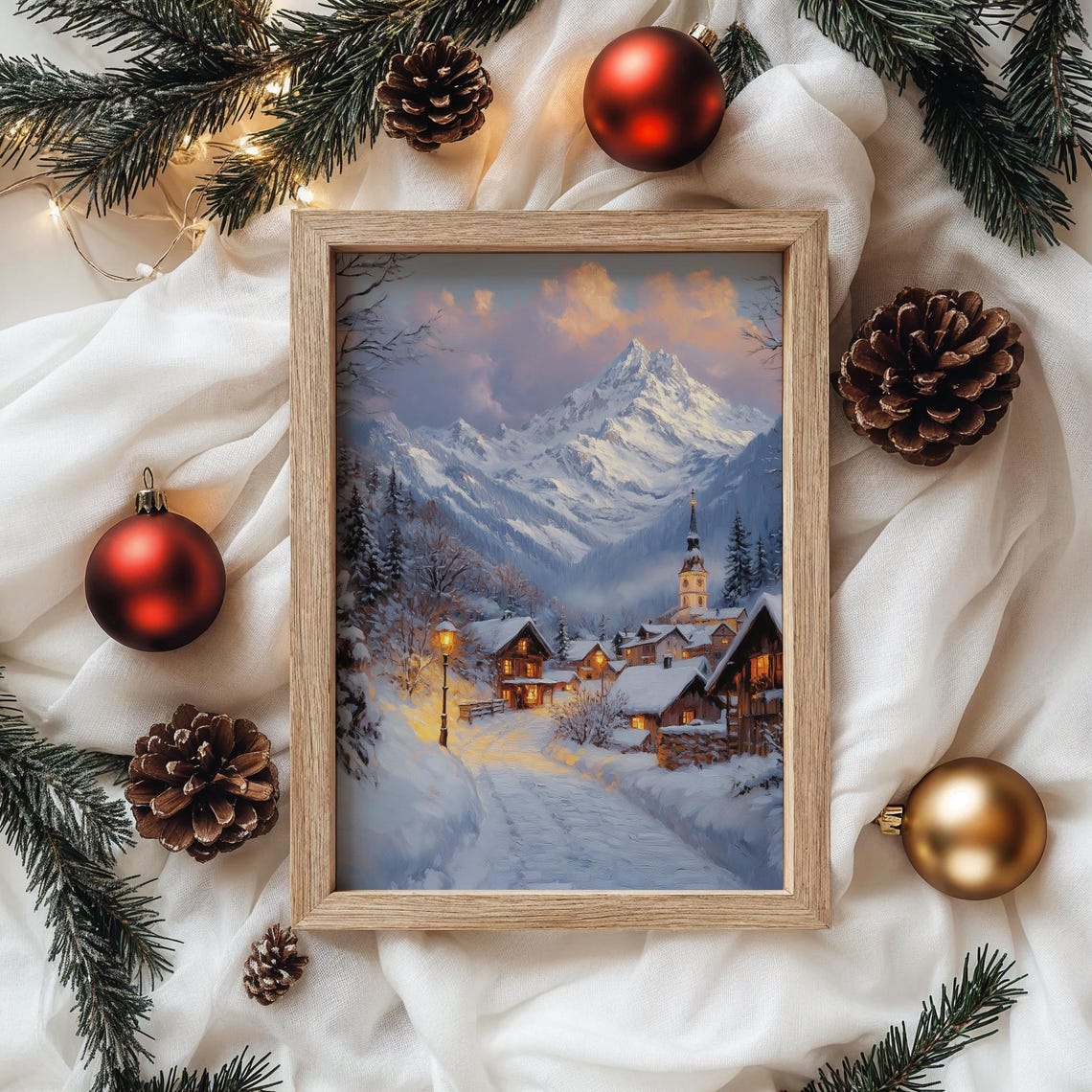 Snowy Alpine Village at Dusk with Church Spire Mountain Poster - Image 4