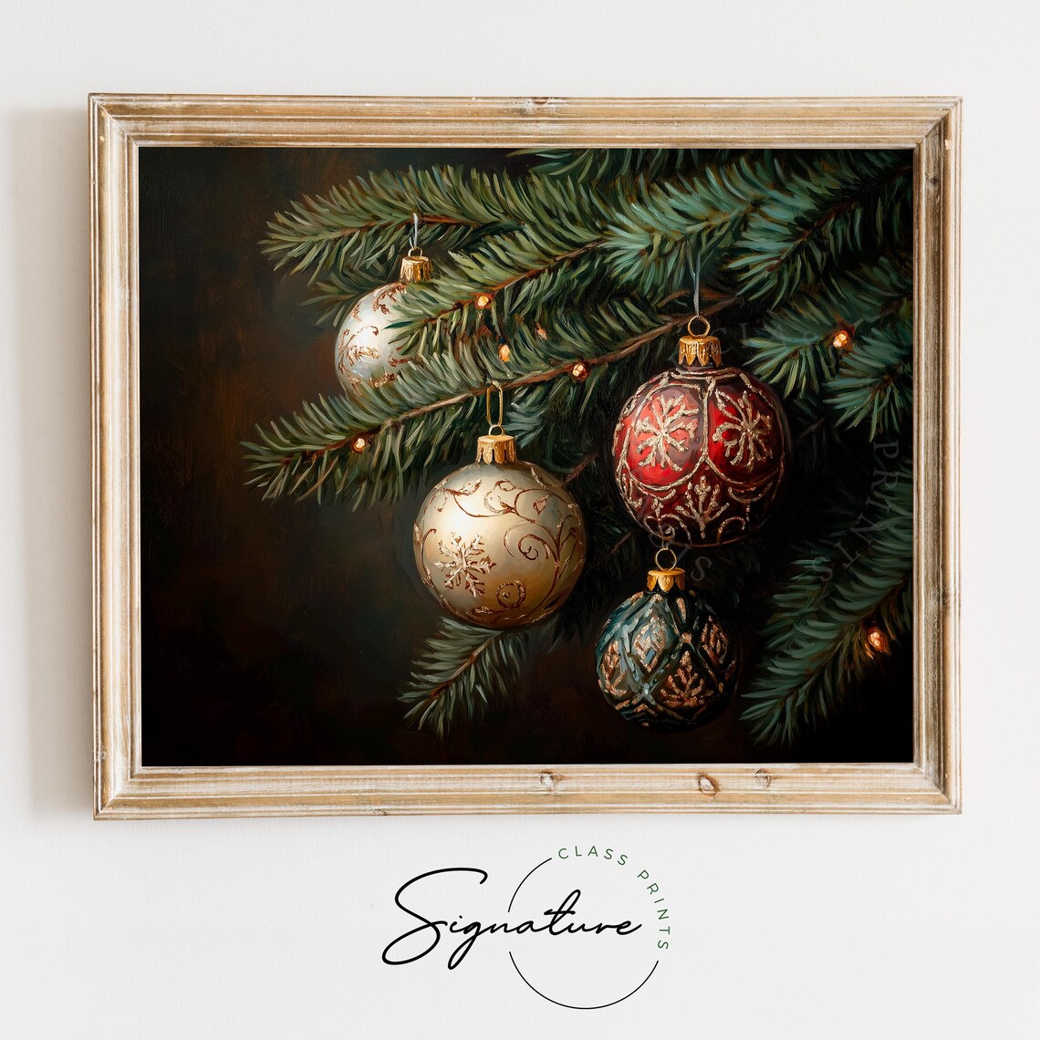 Four Ornate Vintage Christmas Ornaments On A Dark Fir Branch Poster