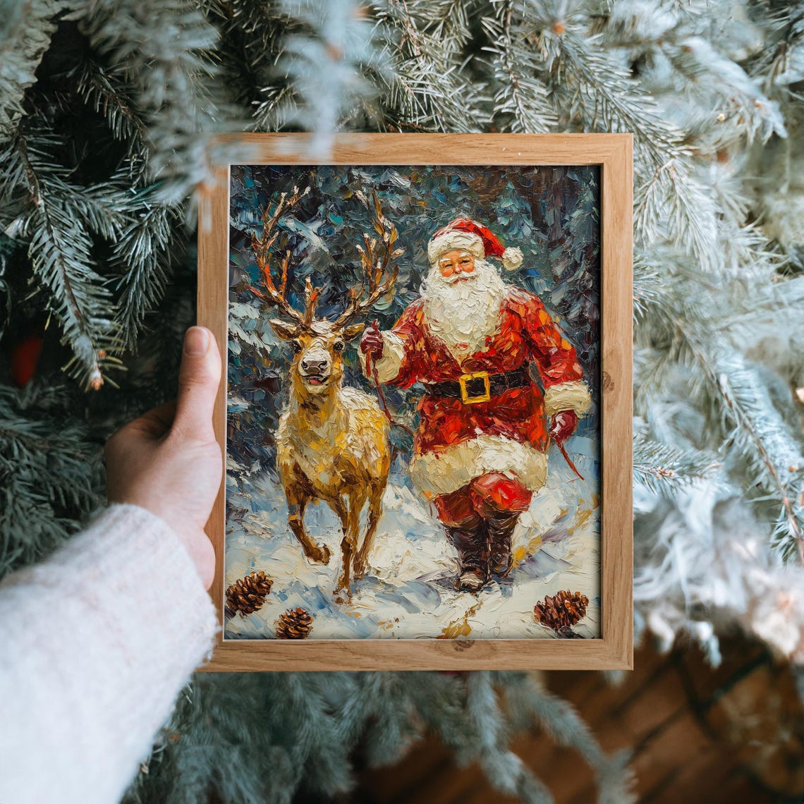 Santa Claus Walking With a Reindeer in a Snowy Forest Poster - Image 6