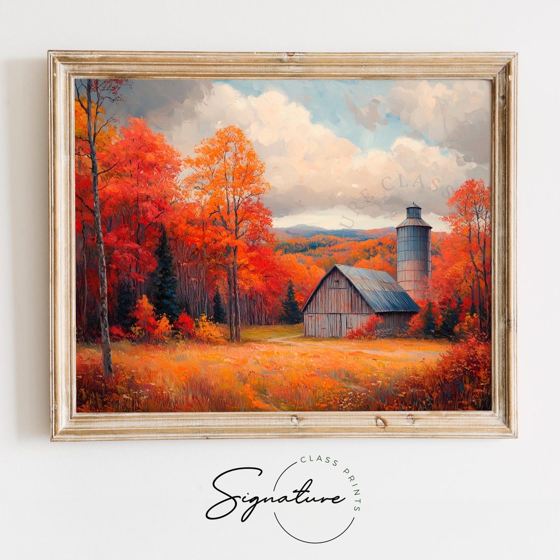 Old Barn and Silo Surrounded by Fiery Red Autumn Trees Poster