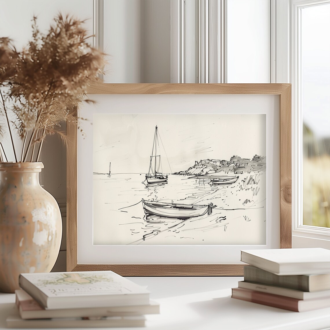Quiet Cove Sailboats Drifting Boats Ink Line Coastal Sketch Poster - Image 2