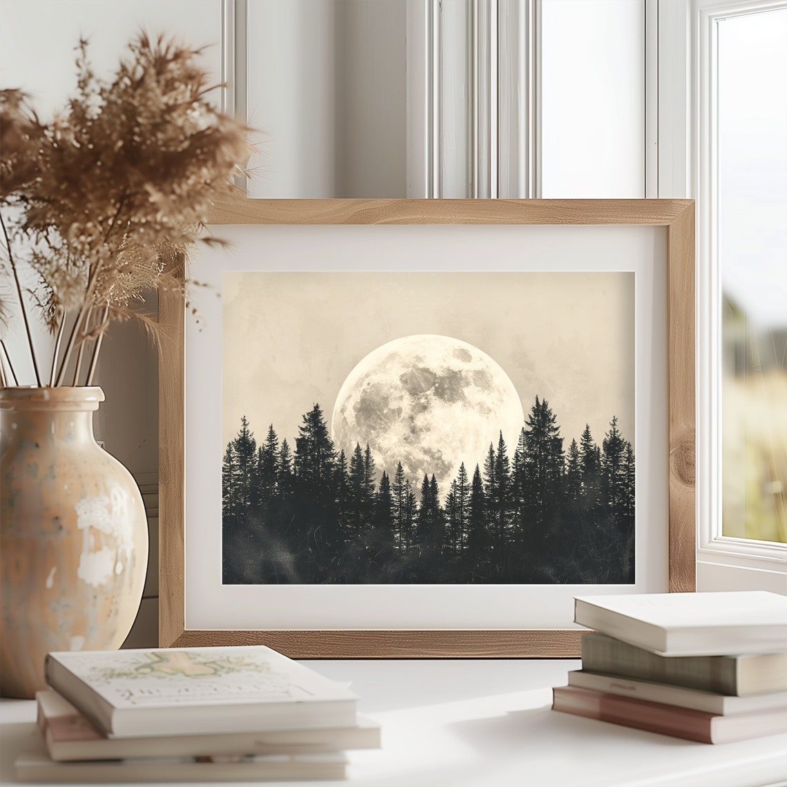 Full Moon Over A Pine Forest Sketch Nighttime Forest Scene Moonlit Landscape Art Tranquil And Serene Wall Decor 849 - Image 2