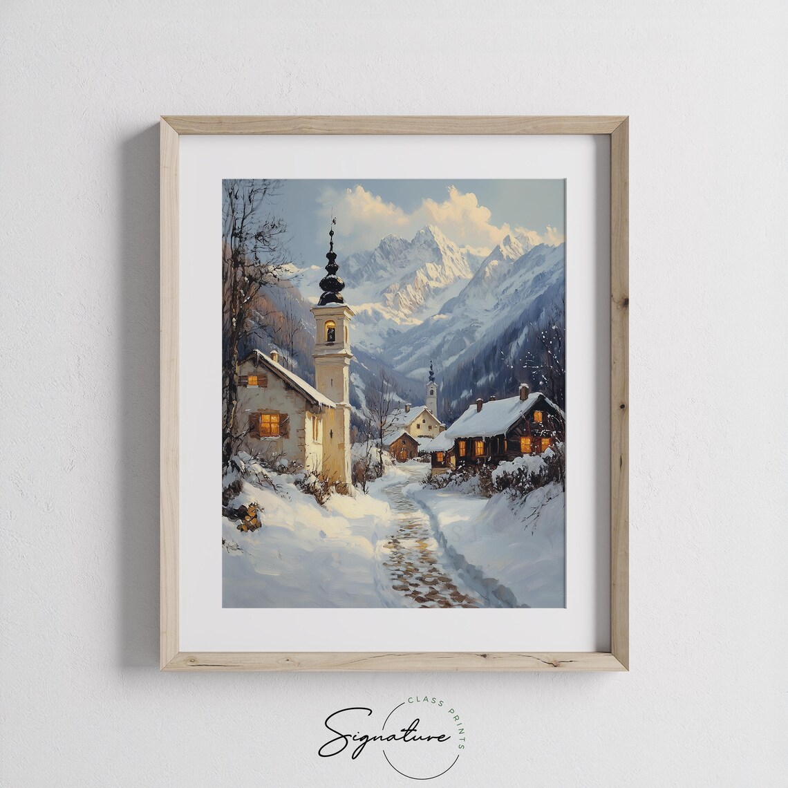 Alpine Village with Tall Church Bell Tower in Snow Winter Poster - Image 3
