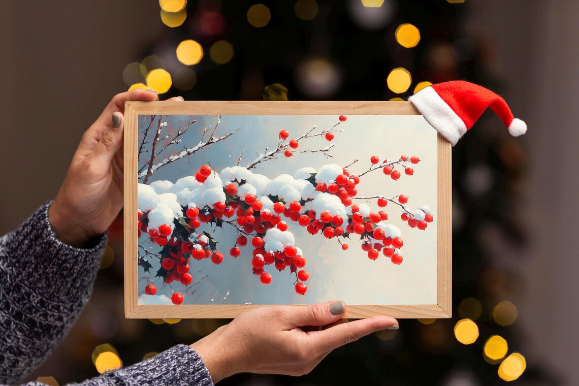 Snow Covered Fresh Red Berries Branch Winter Oil Painting Poster - Image 3