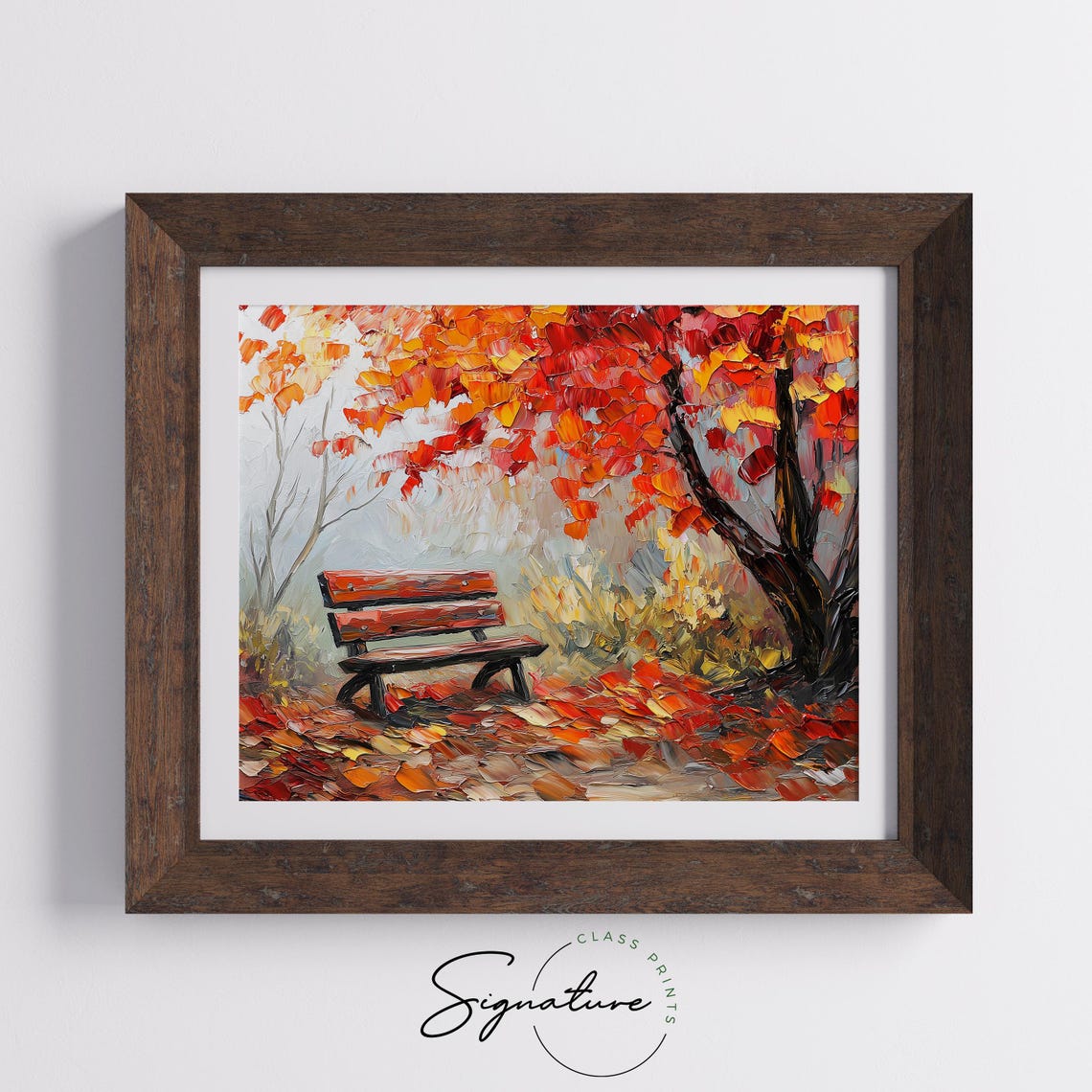 Autumn Park Bench Painting Red Maple Tree Vibrant Fall Leaves Poster - Image 5