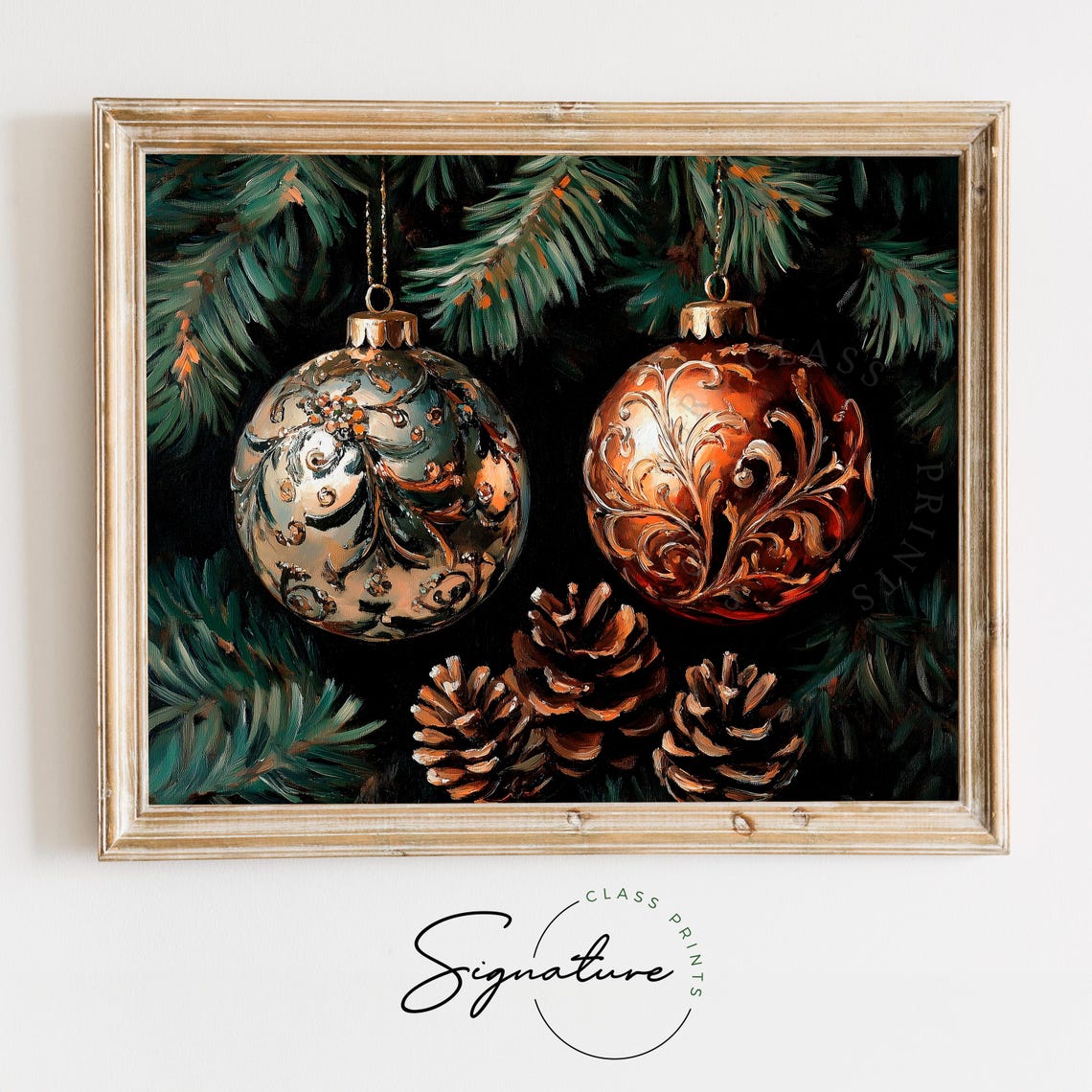 Green And Copper Ornate Christmas Ornaments With Pinecones Poster