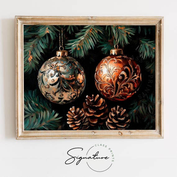Shimmering Glass Ornaments With Pinecones Vintage Christmas Wall Art Rustic Farmhouse Decor Warm Tones Moody Holiday Scene 2812