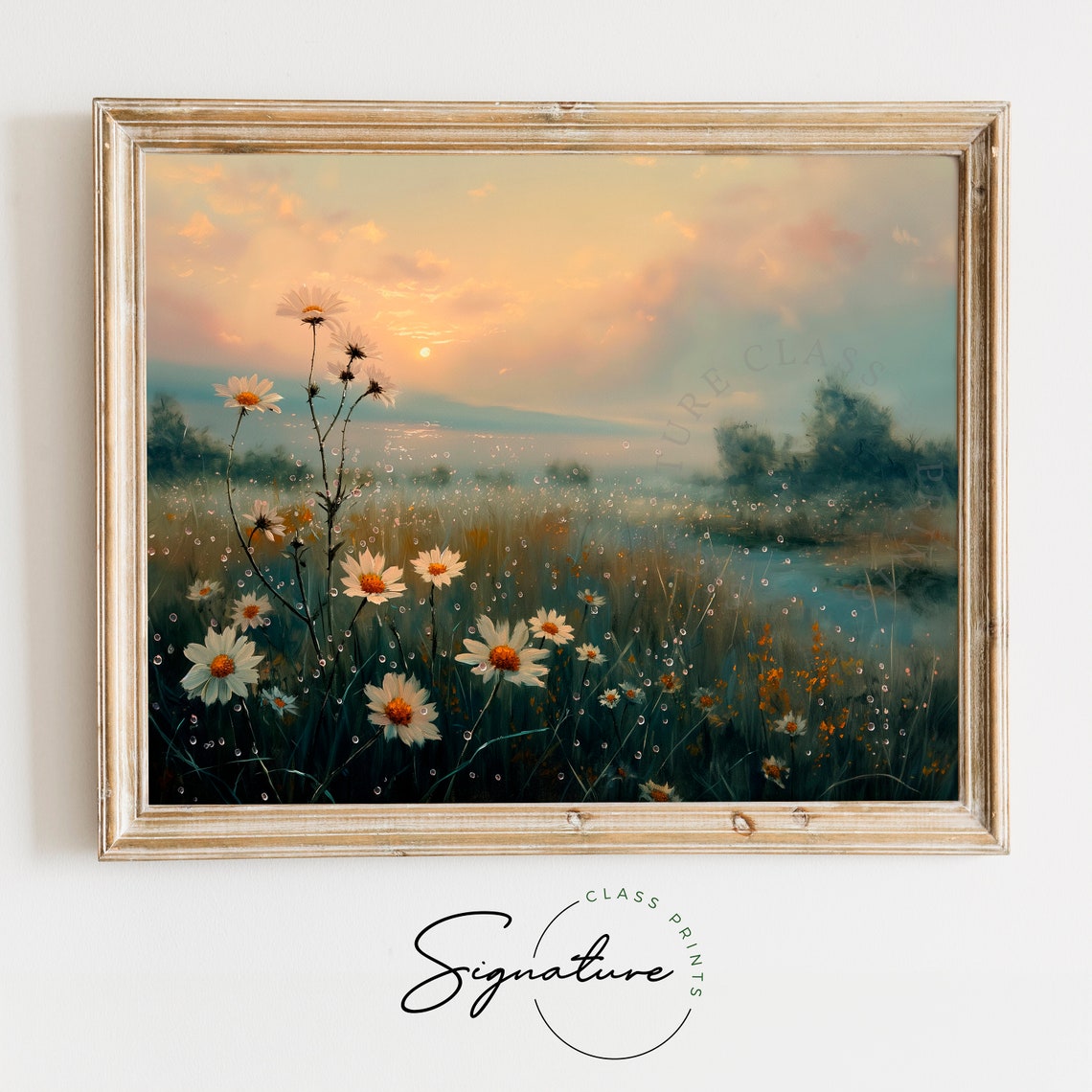 Dewy White Daisies Dawn Misty Sunrise Meadow Soft Floral Nature Poster